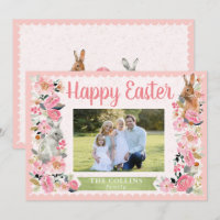Easter Photo Family with Bunny Floral Pink Card
