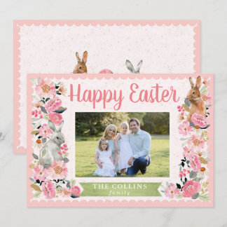 Easter Photo Family with Bunny Floral Pink Card