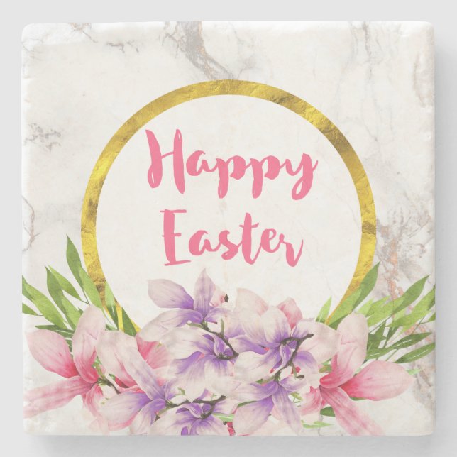 Easter Pink and Purple Watercolor Magnolias Stone Coaster (Front)