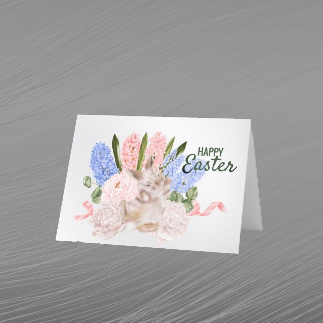 Easter Pink Blue Rabbit Floral Holiday Card (Creator Uploaded)