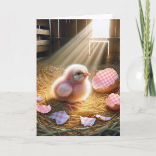 Easter Pink Chick With Gingham Eggshell Holiday Card