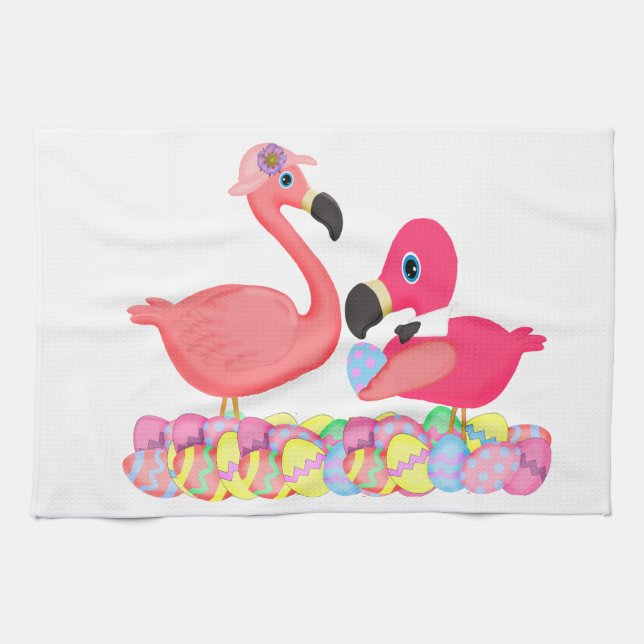 Easter Pink Flamingos Tea Towel (Horizontal)