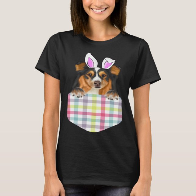 Easter Plaid Shetland Sheepdog Bunny Dog In Pocket T-Shirt (Front)
