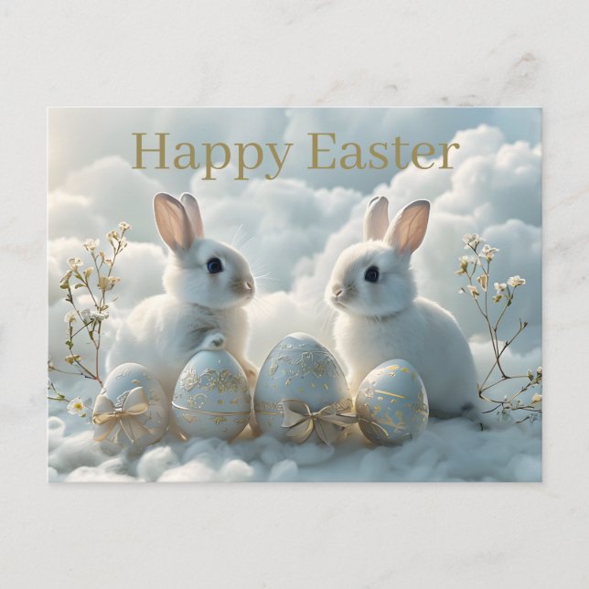 Easter Postcard Two Rabbits & Ornate Easter Eggs (Front)