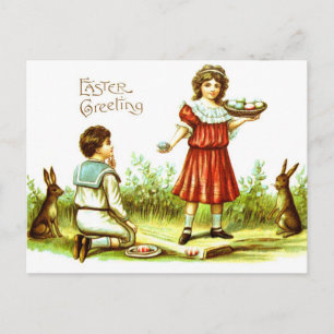 Easter PostCard Victorian Children Bunnies Eggs