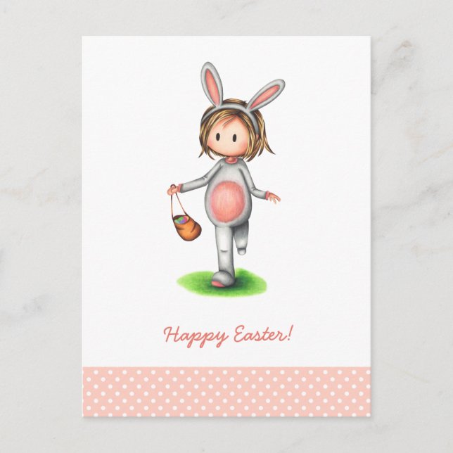 Easter postcard with a girl in a bunny costume (Front)