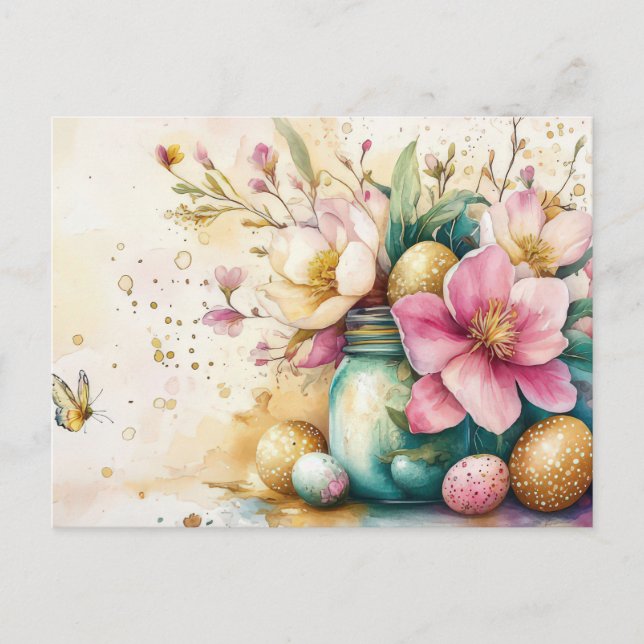 Easter Postcard with Easter Eggs and Flowers (Front)