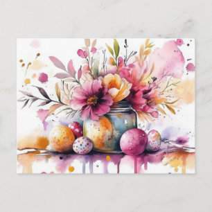 Easter Postcard with Easter Eggs and Flowers