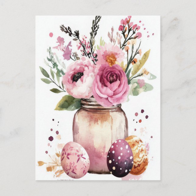 Easter Postcard with Easter Eggs and Flowers (Front)