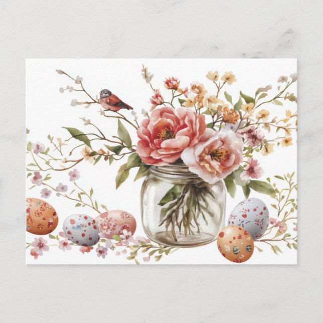 Easter Postcard with Easter Eggs and Flowers (Front)