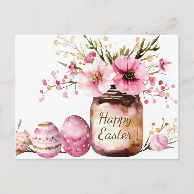 Easter Postcard with Easter Eggs and Flowers (Front)