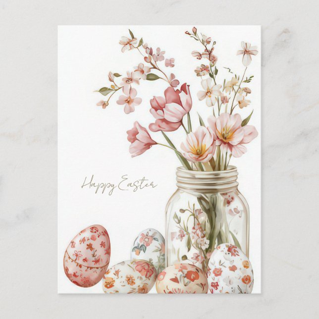 Easter Postcard with Easter Eggs and Flowers (Front)