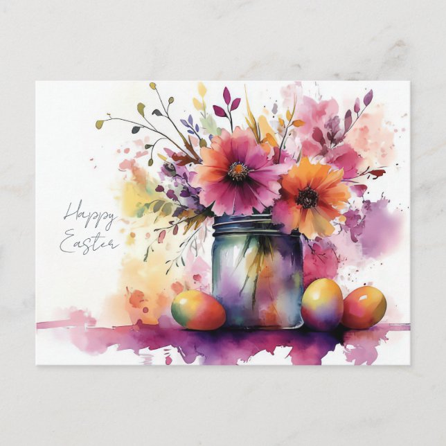 Easter Postcard with Easter Eggs and Flowers (Front)