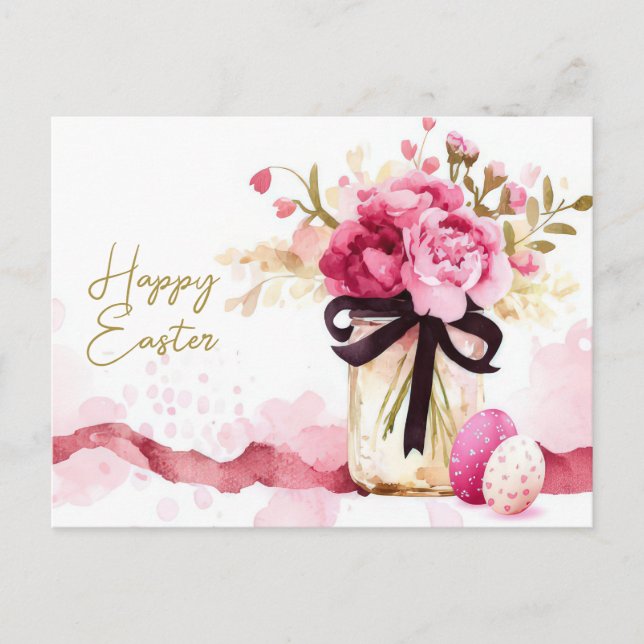 Easter Postcard with Easter Eggs and Flowers (Front)