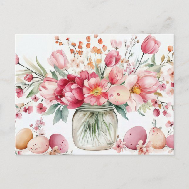 Easter Postcard with Easter Eggs and Flowers (Front)