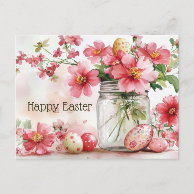 Easter Postcard with Easter Eggs and Flowers (Front)