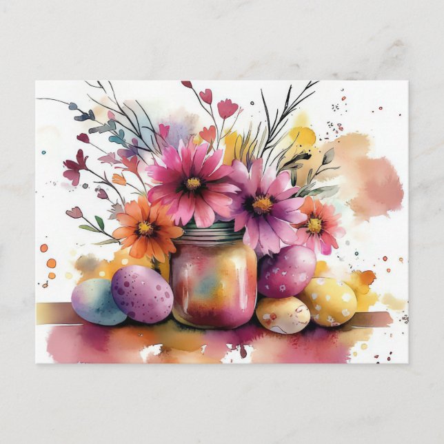 Easter Postcard with Easter Eggs and Flowers (Front)