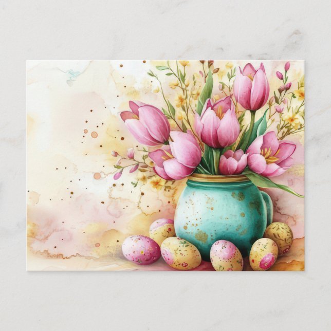 Easter Postcard with Easter Eggs and Flowers (Front)