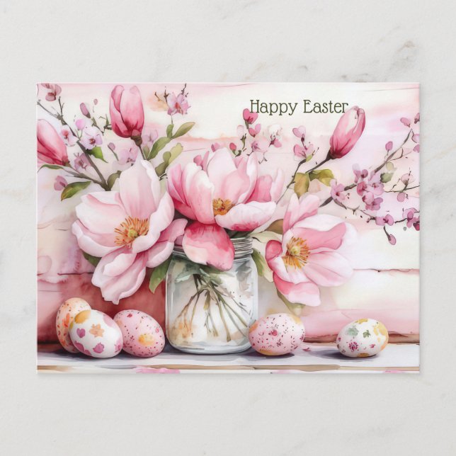 Easter Postcard with Easter Eggs and Flowers (Front)