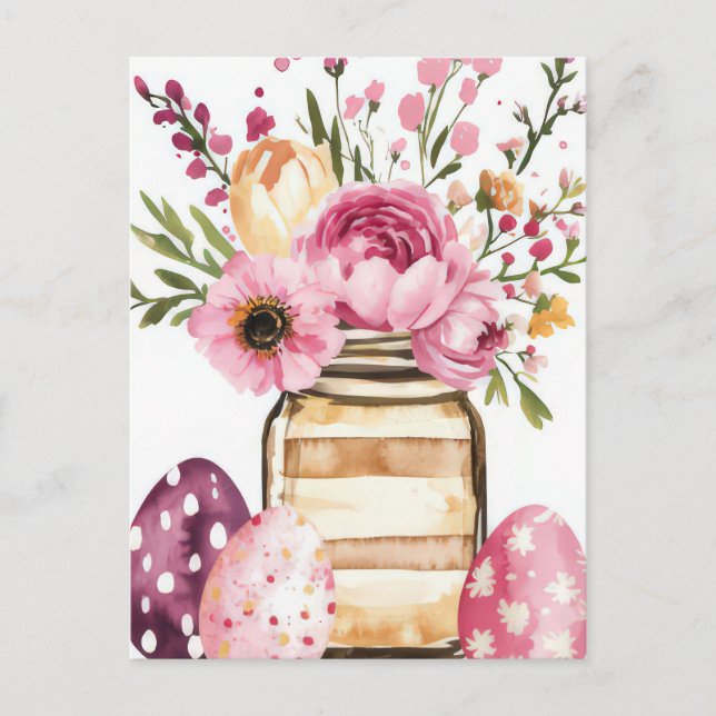 Easter Postcard with Easter Eggs and Flowers (Front)