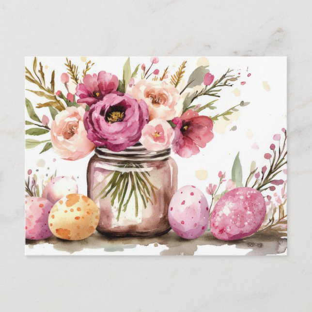 Easter Postcard with Easter Eggs and Flowers (Front)