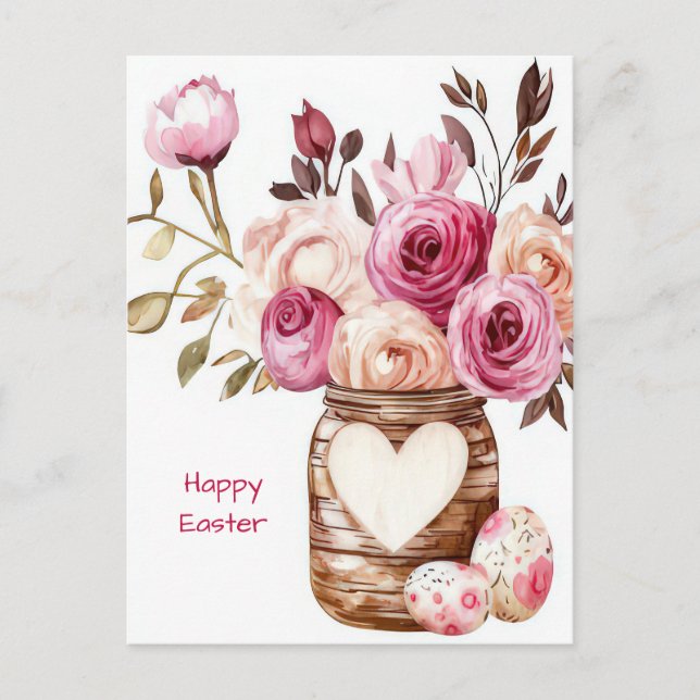 Easter Postcard with Easter Eggs and Flowers (Front)