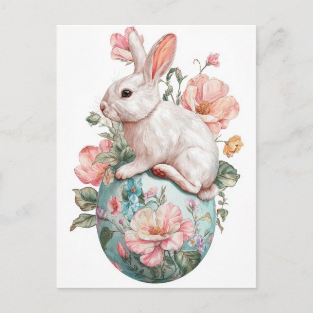 Easter Postcard with Flowers and Easter Bunny (Front)
