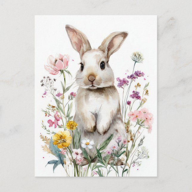 Easter Postcard with Flowers and Easter Bunny (Front)