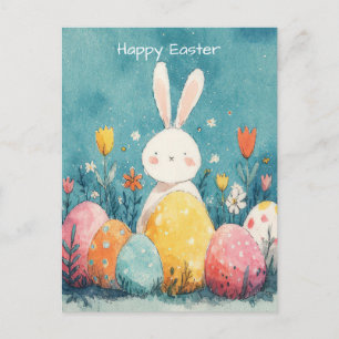 Easter Postcard with Flowers and Easter Bunny