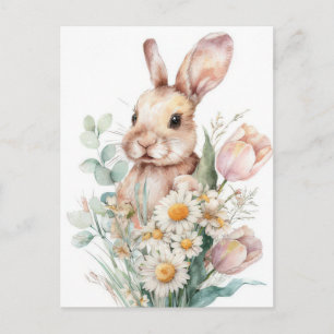 Easter Postcard with Flowers and Easter Bunny