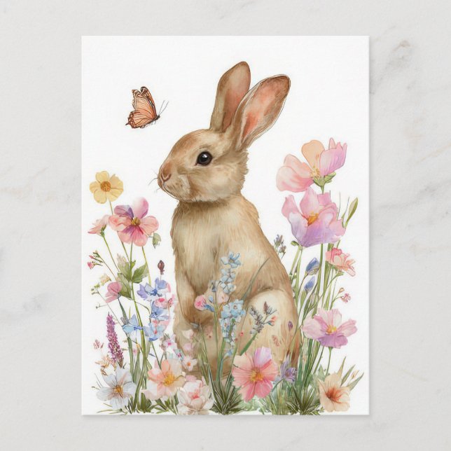 Easter Postcard with Flowers and Easter Bunny (Front)