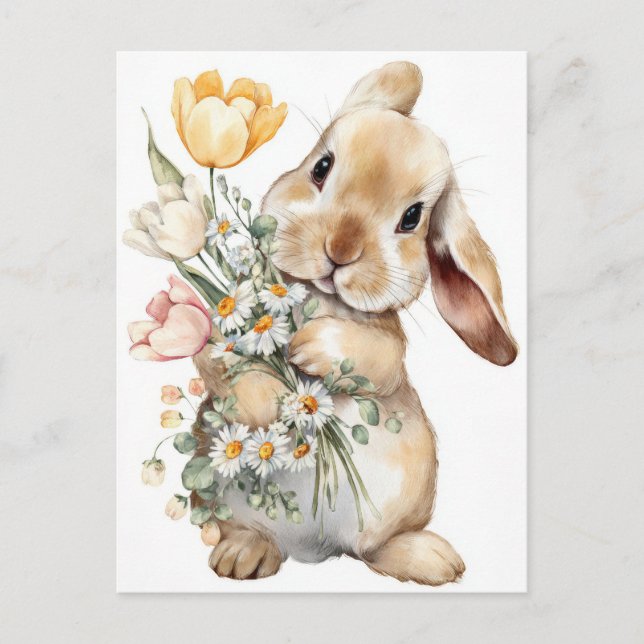 Easter Postcard with Flowers and Easter Bunny (Front)