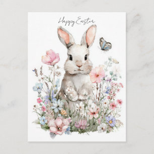 Easter Postcard with Flowers and Easter Bunny