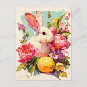 Easter Postcard with Flowers and Easter Bunny