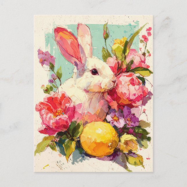 Easter Postcard with Flowers and Easter Bunny (Front)