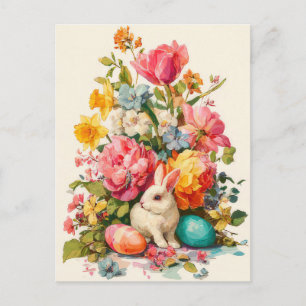 Easter Postcard with Flowers and Easter Bunny