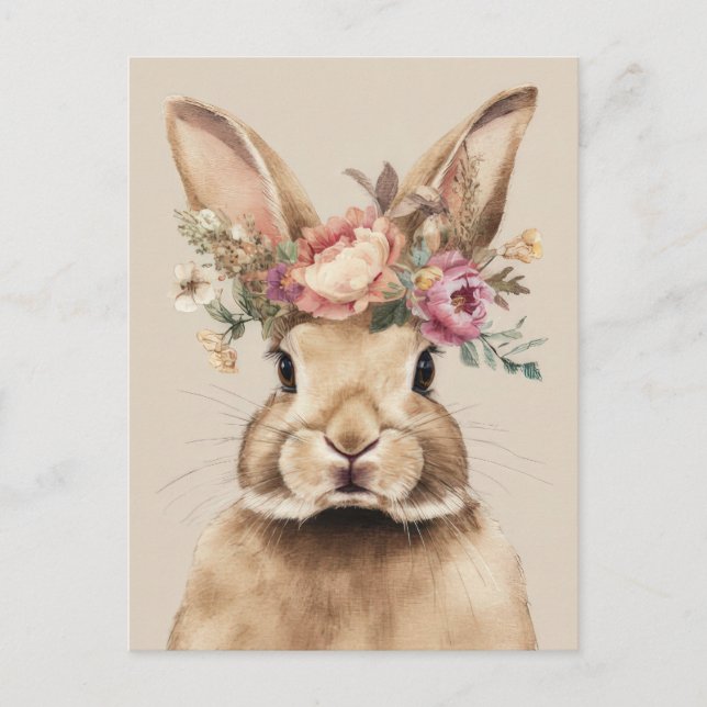 Easter Postcard with Flowers and Easter Bunny (Front)