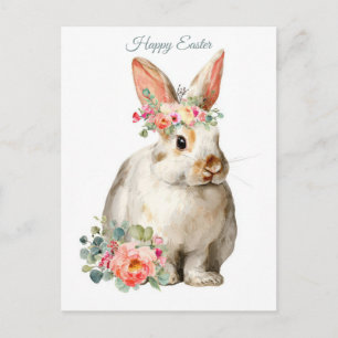Easter Postcard with Flowers and Easter Bunny