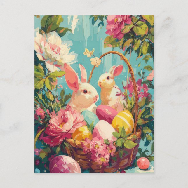 Easter Postcard with Flowers and Easter Bunny (Front)