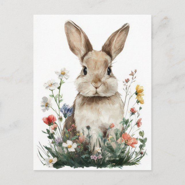 Easter Postcard with Flowers and Easter Bunny (Front)