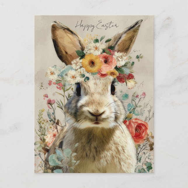 Easter Postcard with Flowers and Easter Bunny (Front)