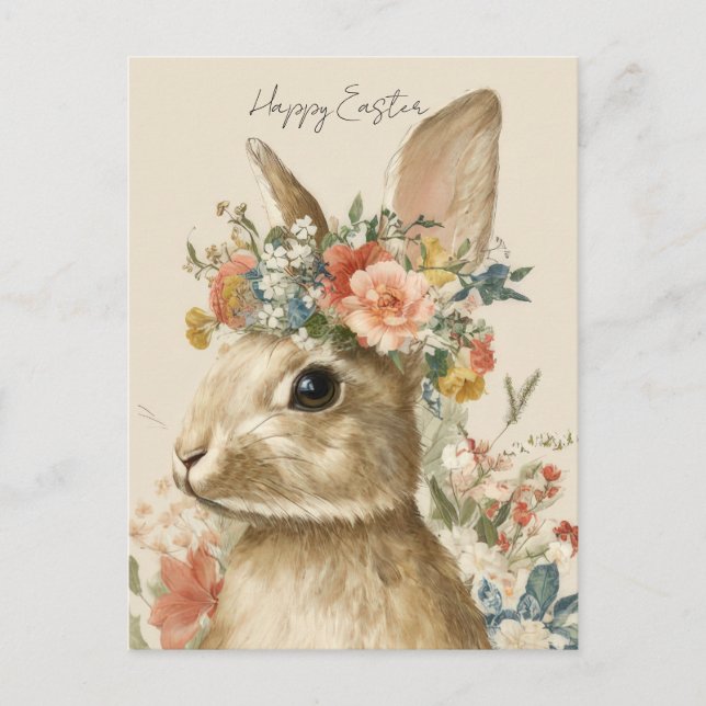 Easter Postcard with Flowers and Easter Bunny (Front)