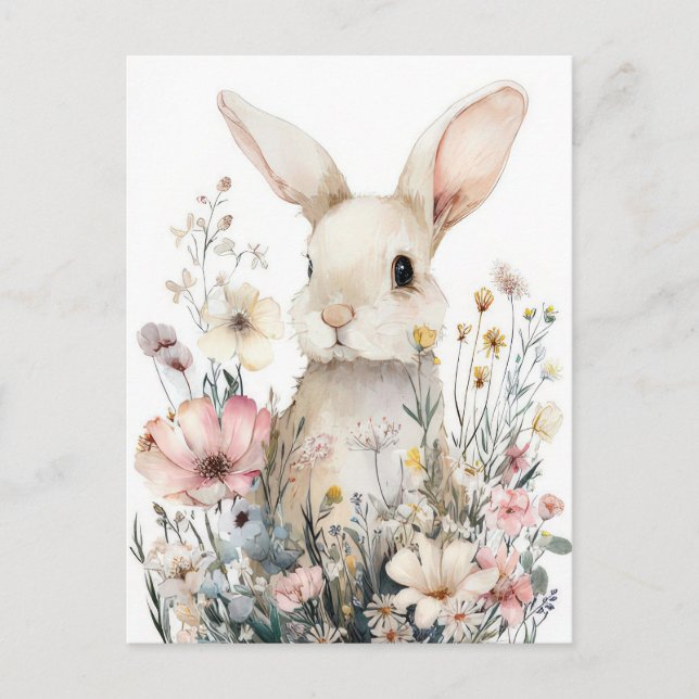 Easter Postcard with Flowers and Easter Bunny (Front)