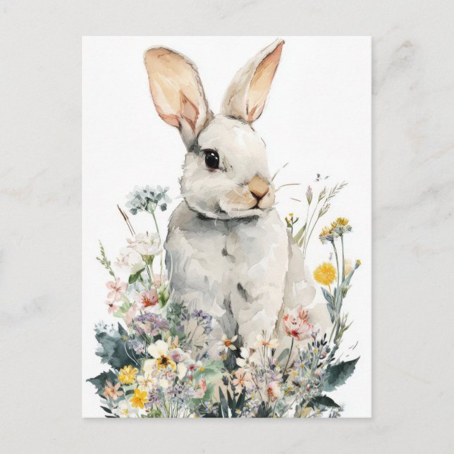 Easter Postcard with Flowers and Easter Bunny (Front)