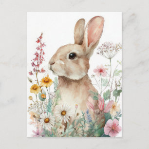 Easter Postcard with Flowers and Easter Bunny