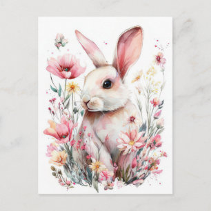Easter Postcard with Flowers and Easter Bunny