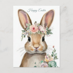 Easter Postcard with Flowers and Easter Bunny