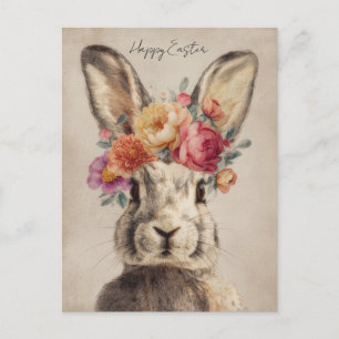 Easter Postcard with Flowers and Easter Bunny