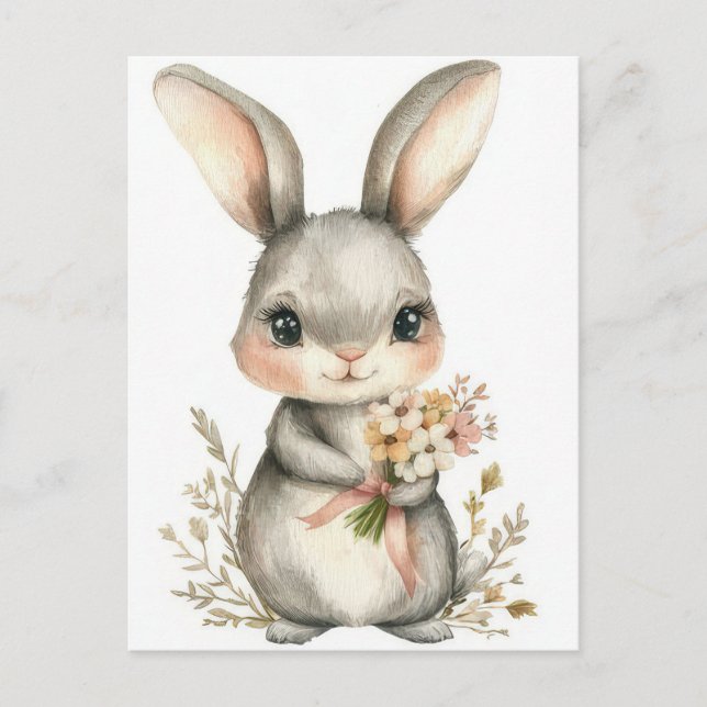 Easter Postcard with Flowers and Easter Bunny (Front)