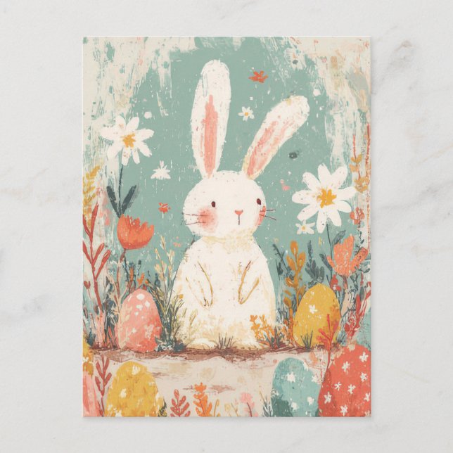 Easter Postcard with Flowers and Easter Bunny (Front)